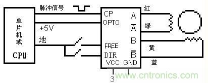 圖2：某廠SH系列二相恒流斬波驅(qū)動(dòng)電源與單片機(jī)及電機(jī)接線圖