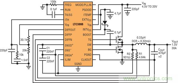 圖2：以非常低的DCR完成采樣的高效率、1.5V/30A降壓型轉換器