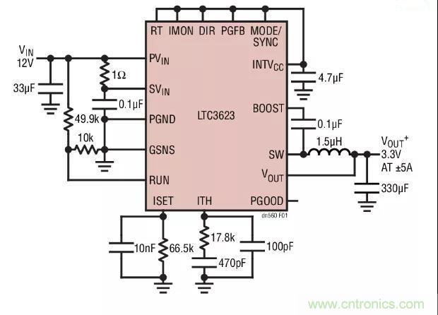 高效率、15V 軌至軌輸出同步降壓型穩(wěn)壓器能提供或吸收 5A